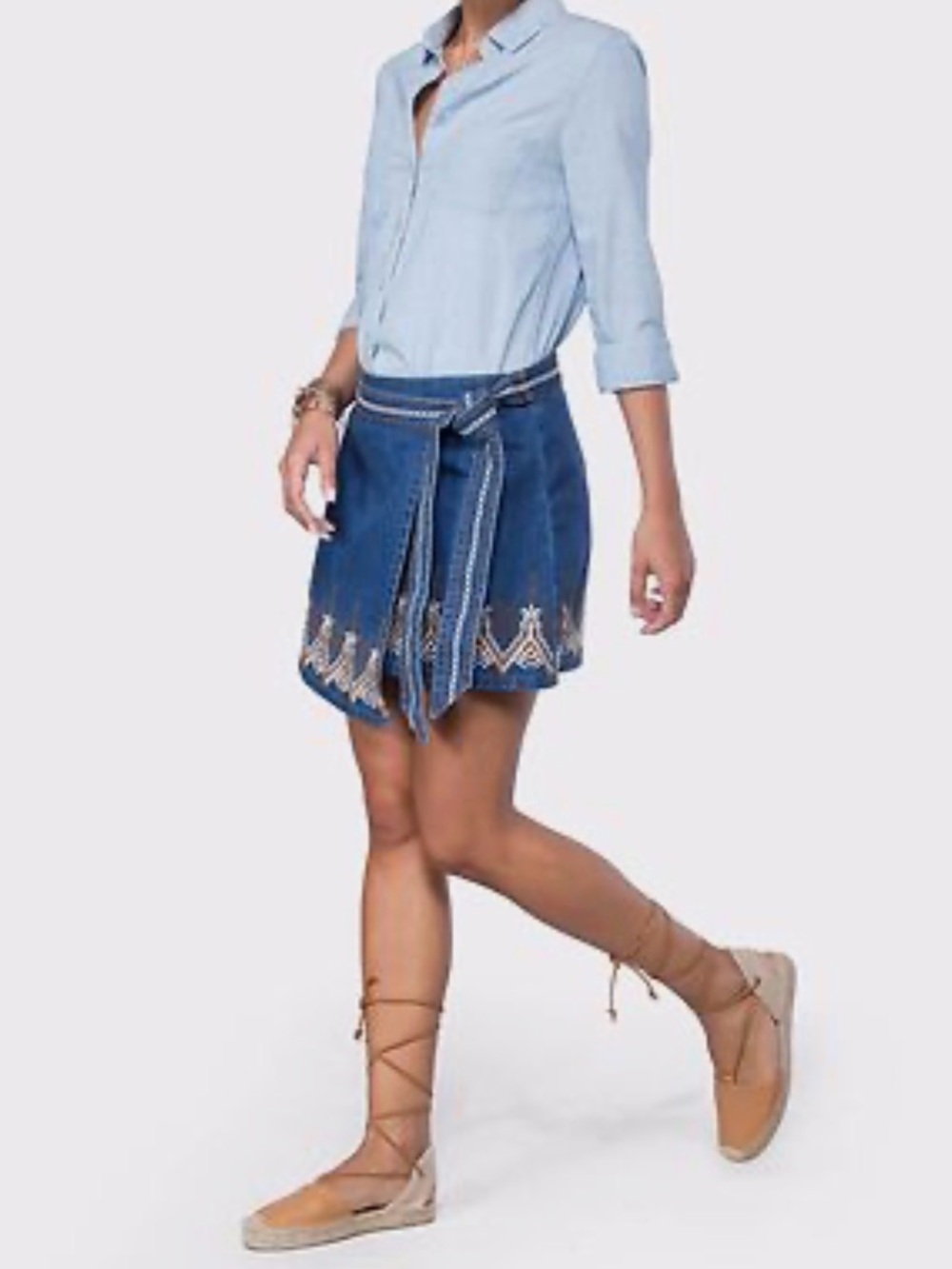 Free People “Dream Away Hendrix” Embroidered Denim Wrap Mini Skirt w/ Waist Tie - Picture 7 of 7